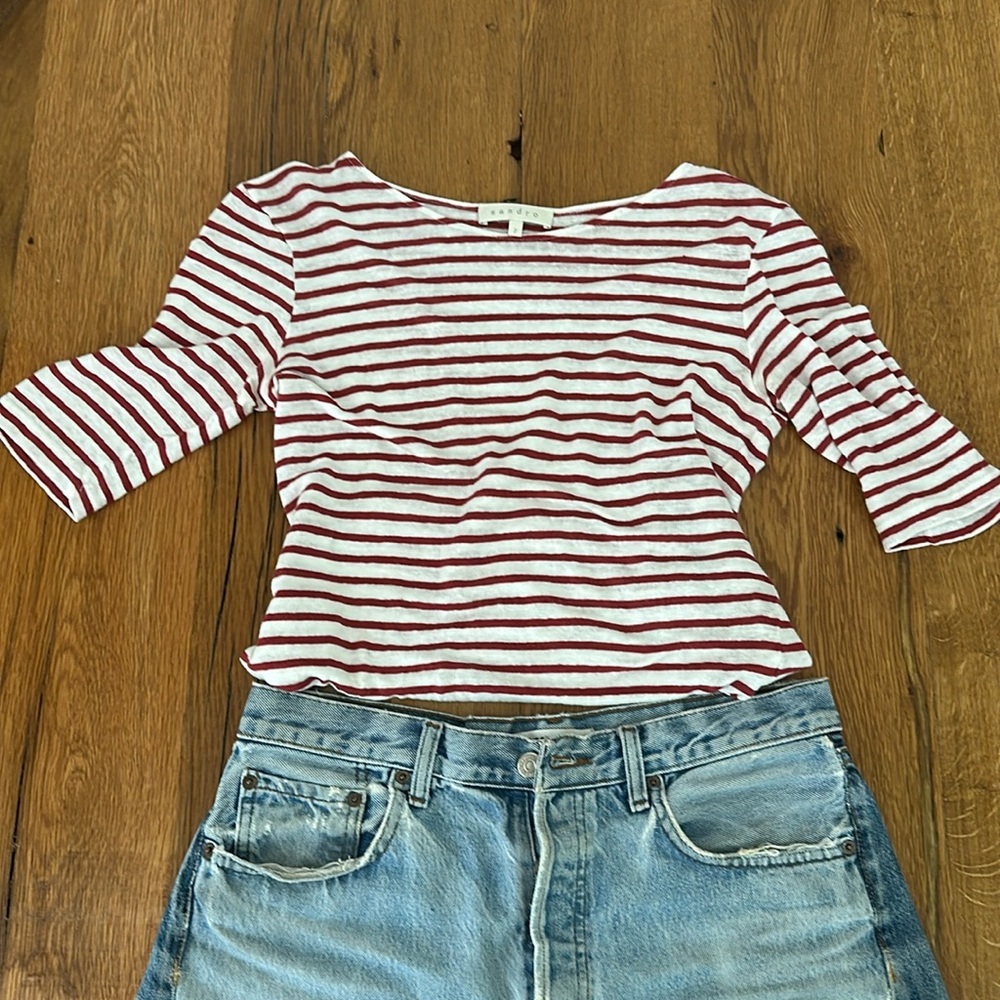 Sandro red and white stripped cotton linen tee